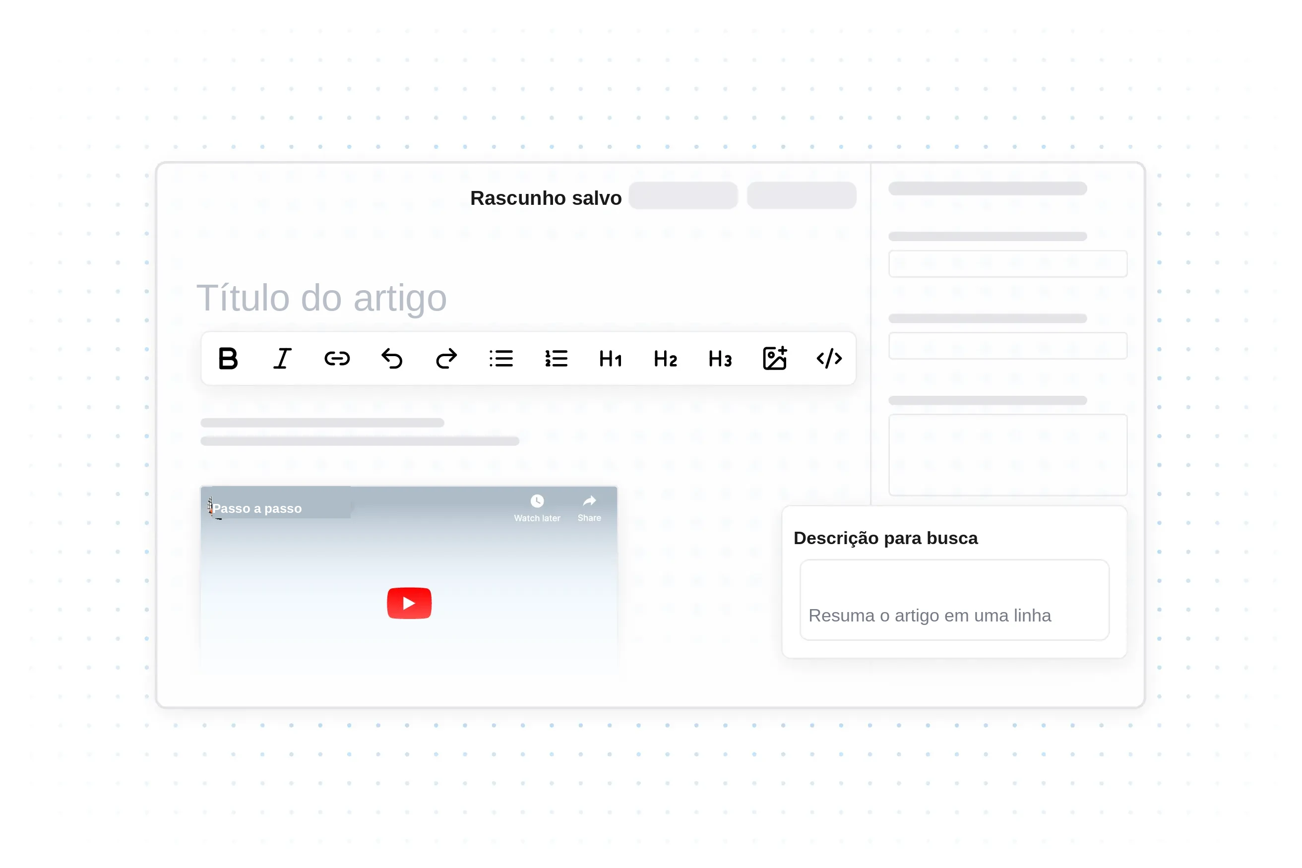 Editor de artigo da base de conhecimento: título, barra de formatação, vídeo incorporado e o campo de descrição para busca.